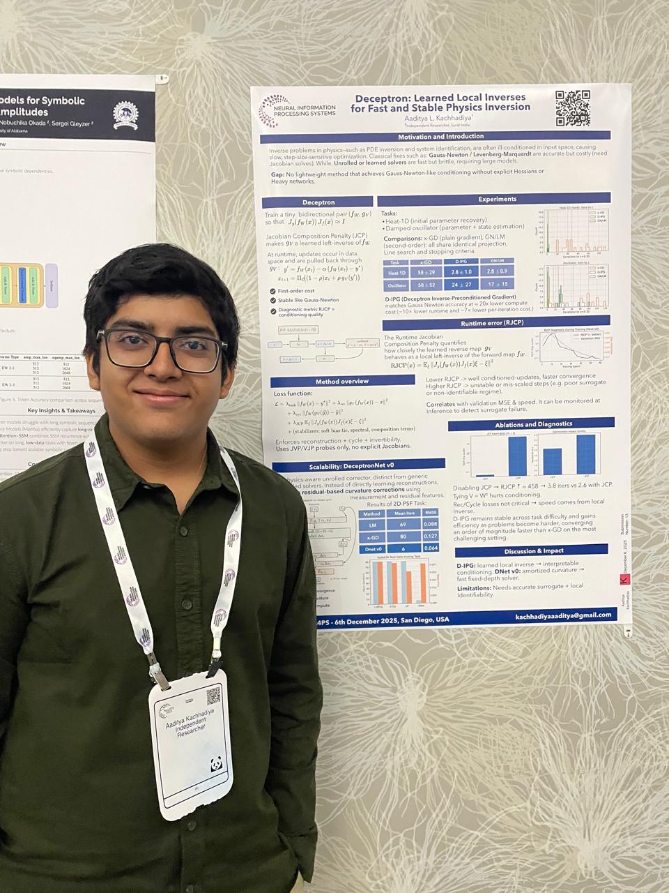 Aaditya Kachhadiya standing beside his research poster at NeurIPS 2025